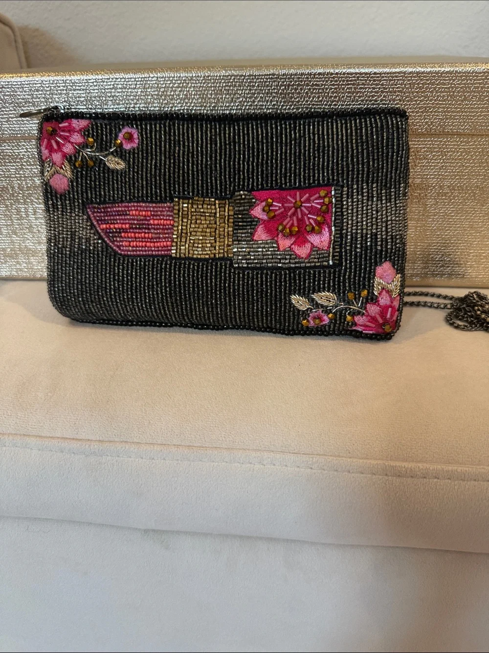 Mary Frances Beaded Lipstick Phone Crossbody Bag Black Floral Hand-Beaded